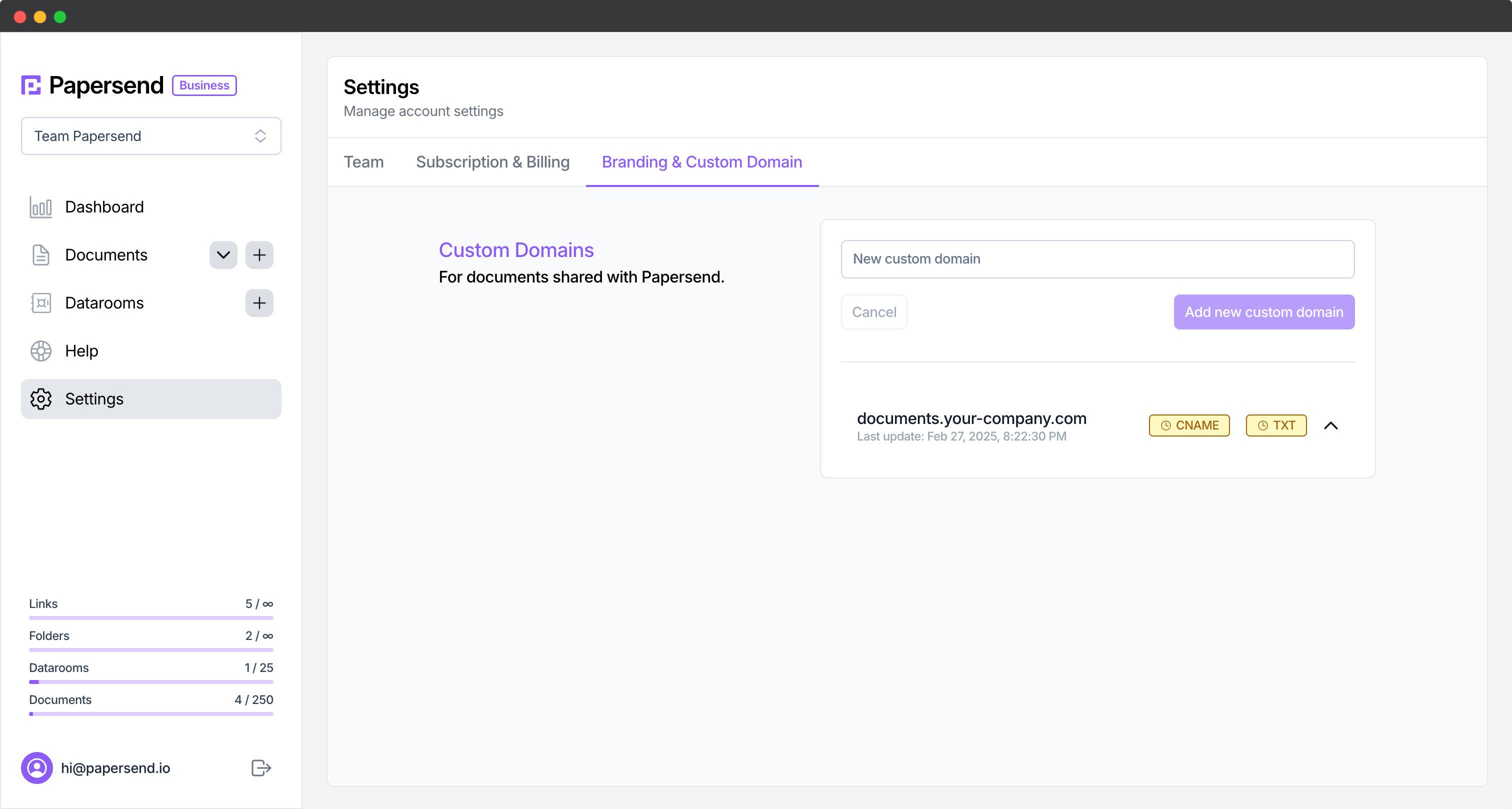 Papersend Domain Settings