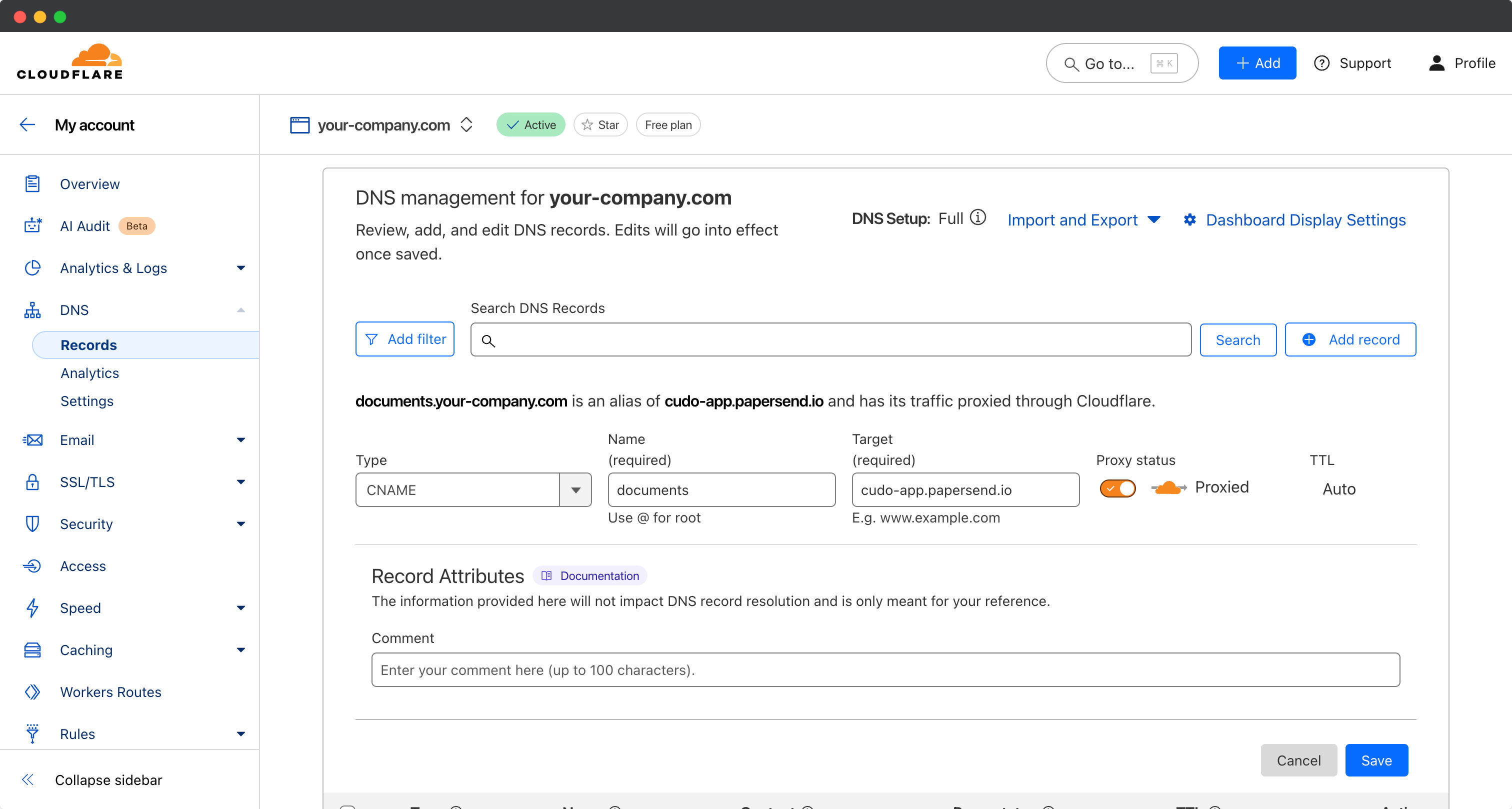 Cloudflare DNS Provider CNAME settings example